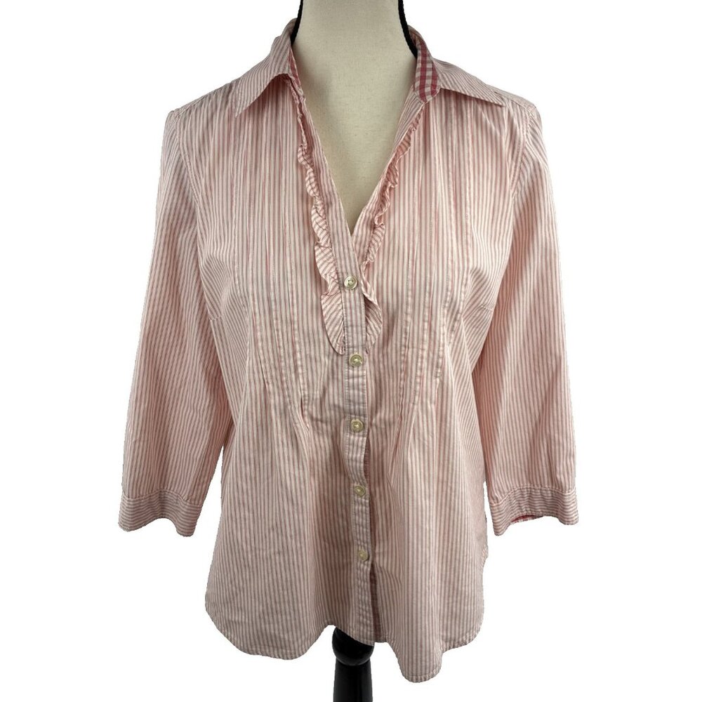 Bass Womens Button Front Blouse Pink Stripe Ruffle Preppy Top Medium Y2K